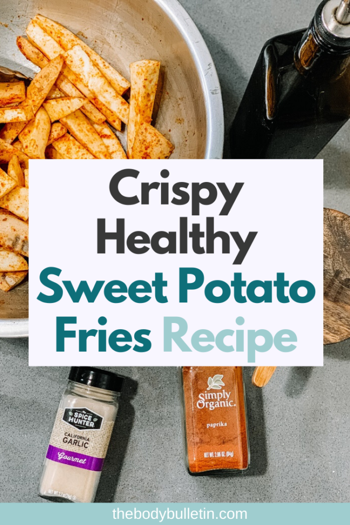 The best healthy sweet potato fries recipe.  Air fry your sweet potatoes to crispy perfection in 15 minutes.  These sweet potatoes are so tasty it's hard to believe they are healthy!  How to make clean eating sweet potatoes that are healthy and delicious is here.  You can meal prep your sweet potatoes to use throughout the week.  You won't believe how easy and fast this recipe is.  Repin and click to check out the recipe.  #healthysweetpotatoes #recipe #airfryer #fasthealthysides #mealprep